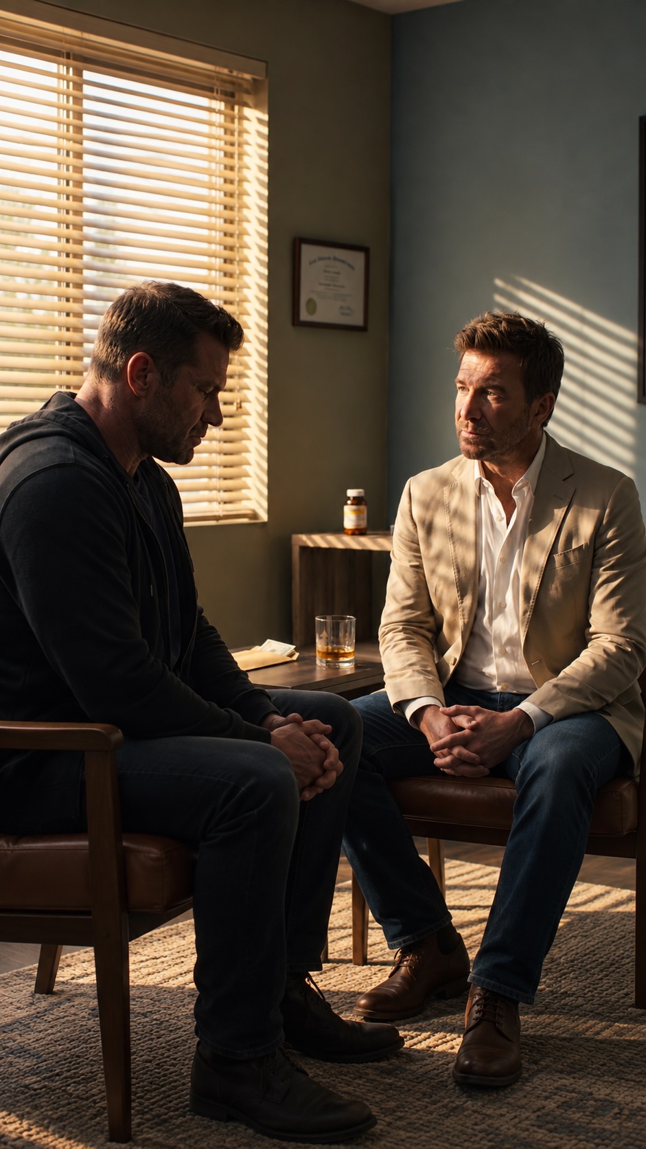 Mac Allen listening closely as a man opens up in therapy