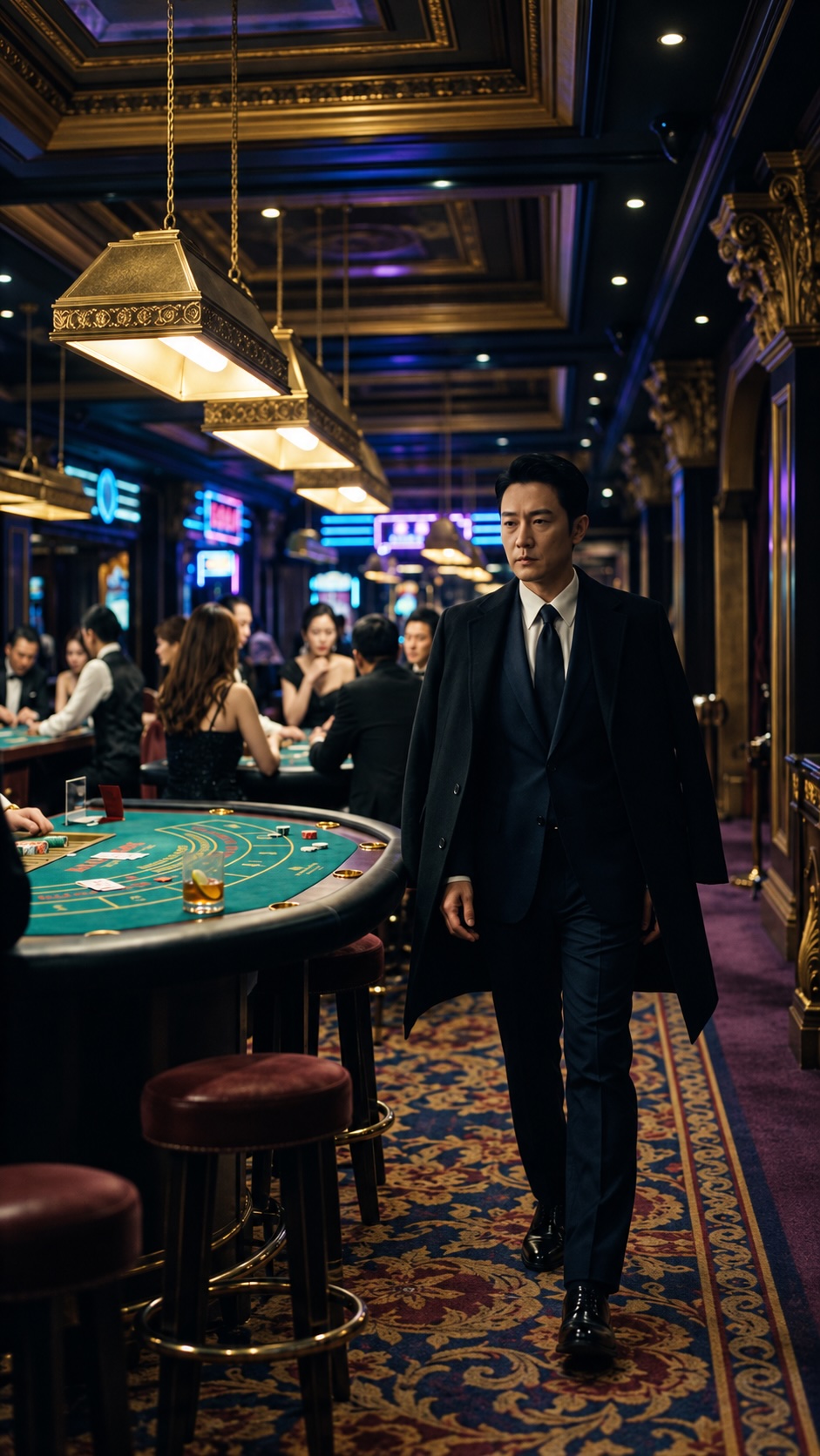 A composed occasional gambler leaving a Macau casino without looking back