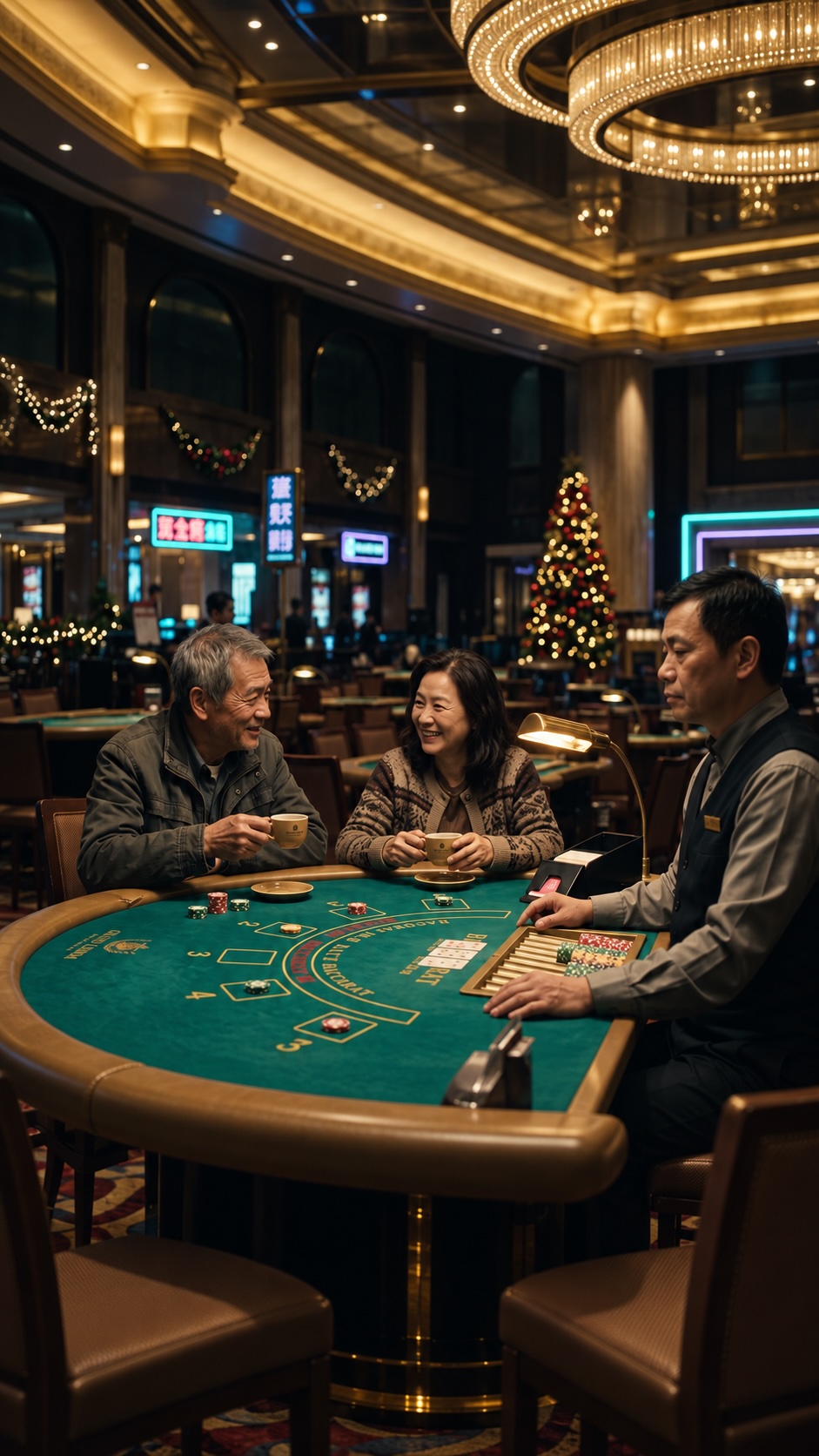Two casino regulars sharing food and familiar stories after hours