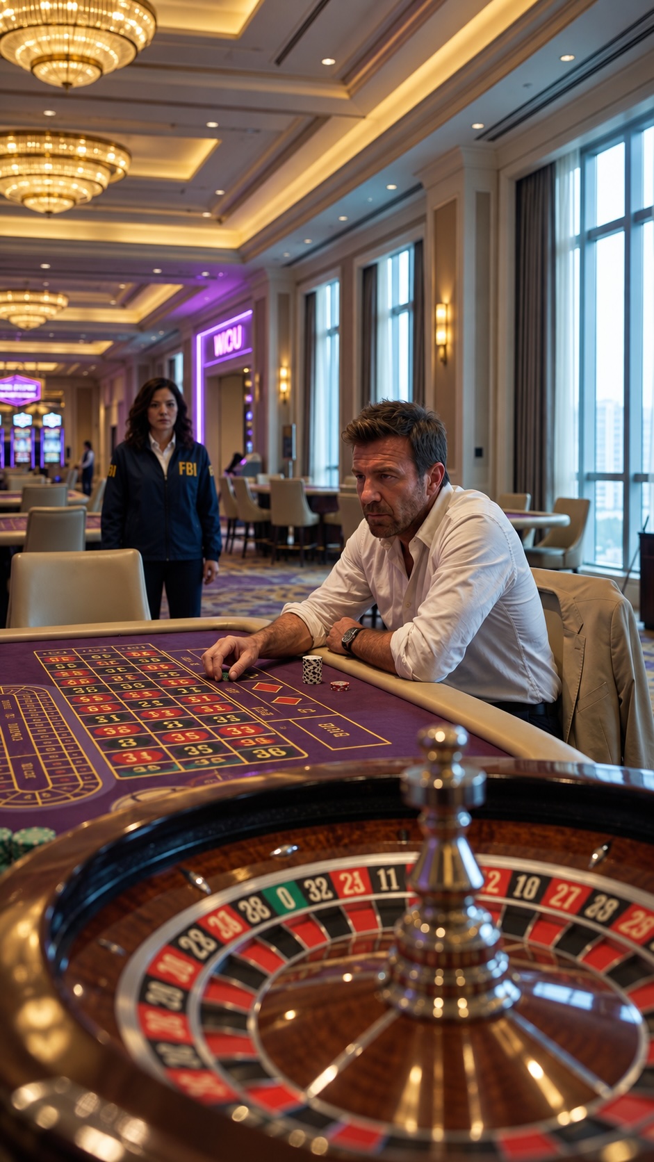 An exhausted gambler unable to leave a casino table at dawn