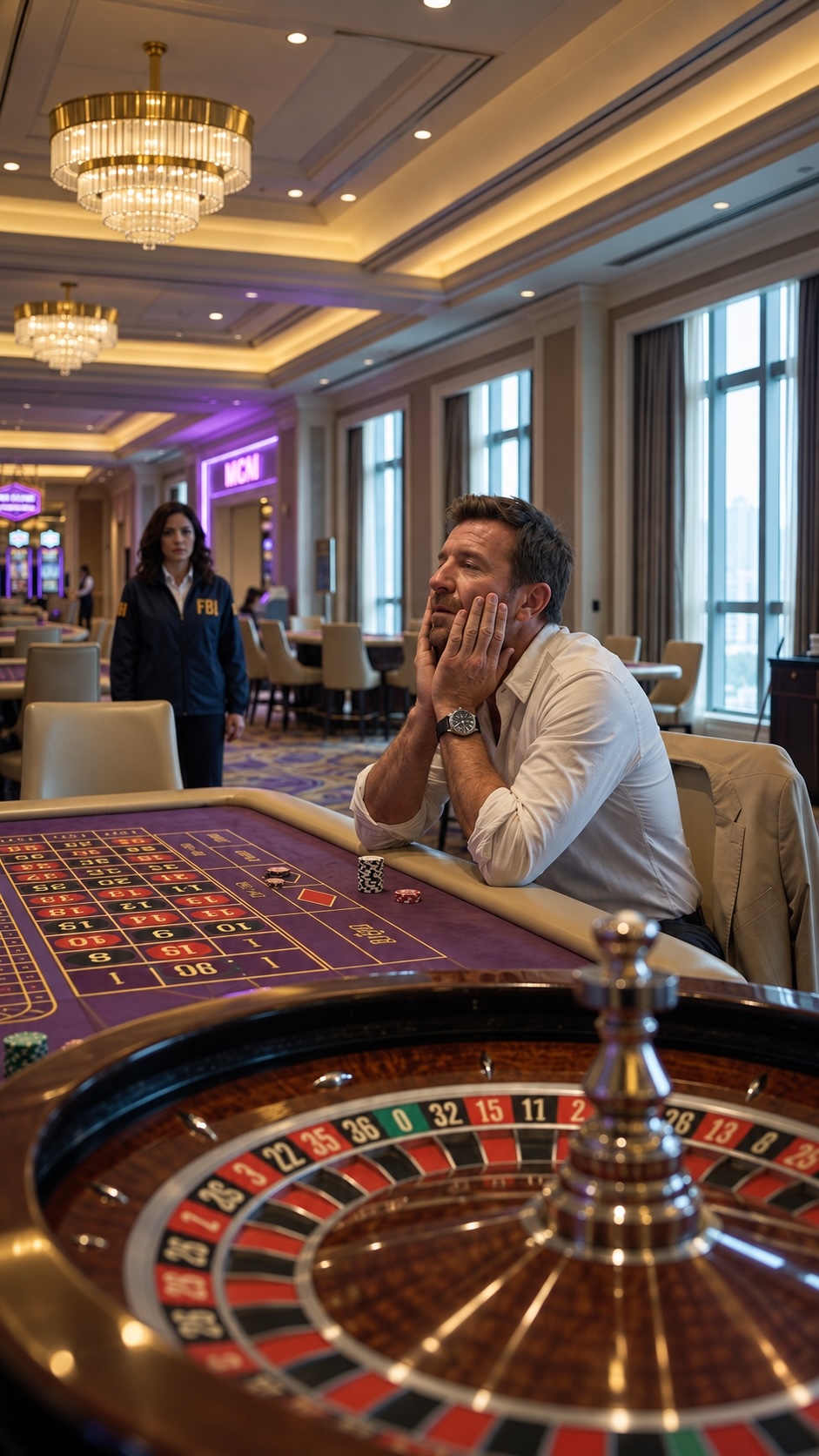A gambler staring at his remaining chips after a long night