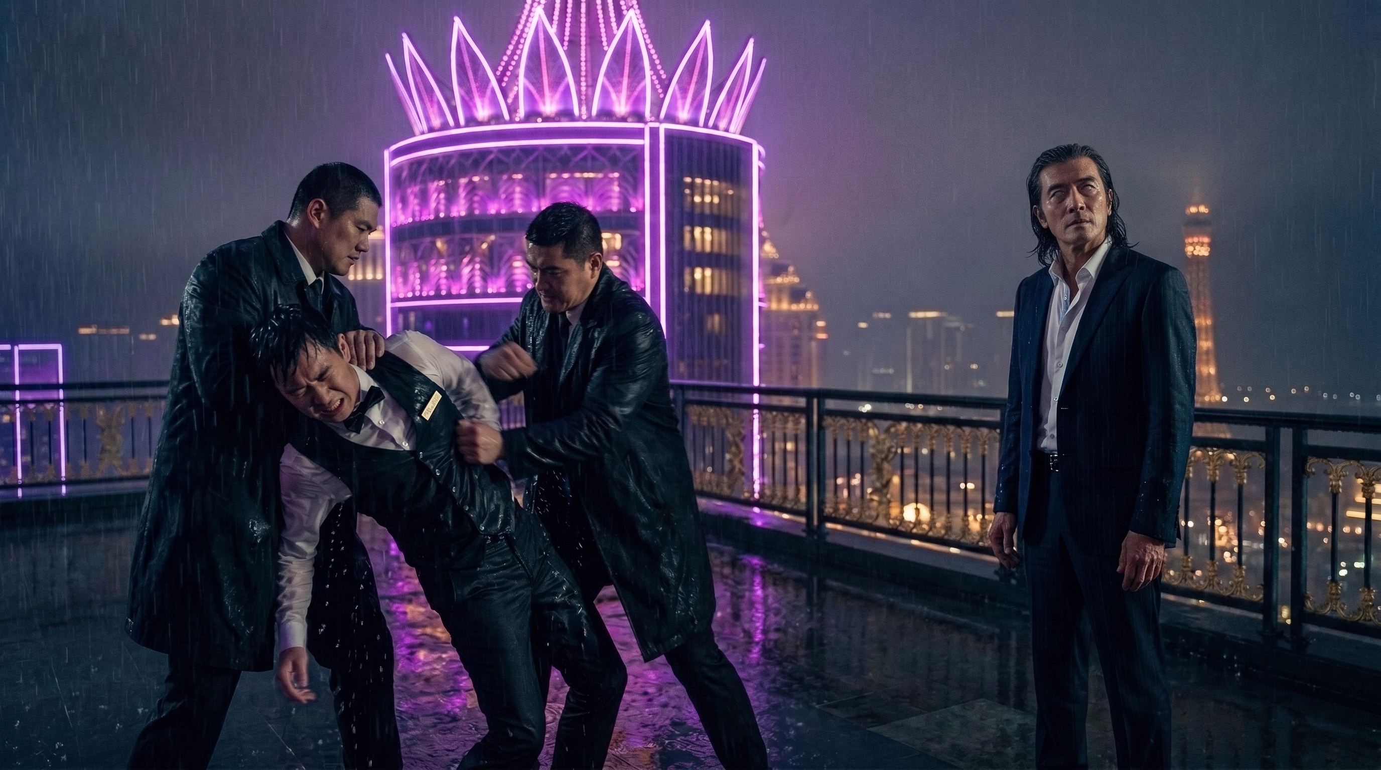 Two enforcers beating a blackjack dealer on the rain-soaked Queen’s Palace roof while Ho Chan watches