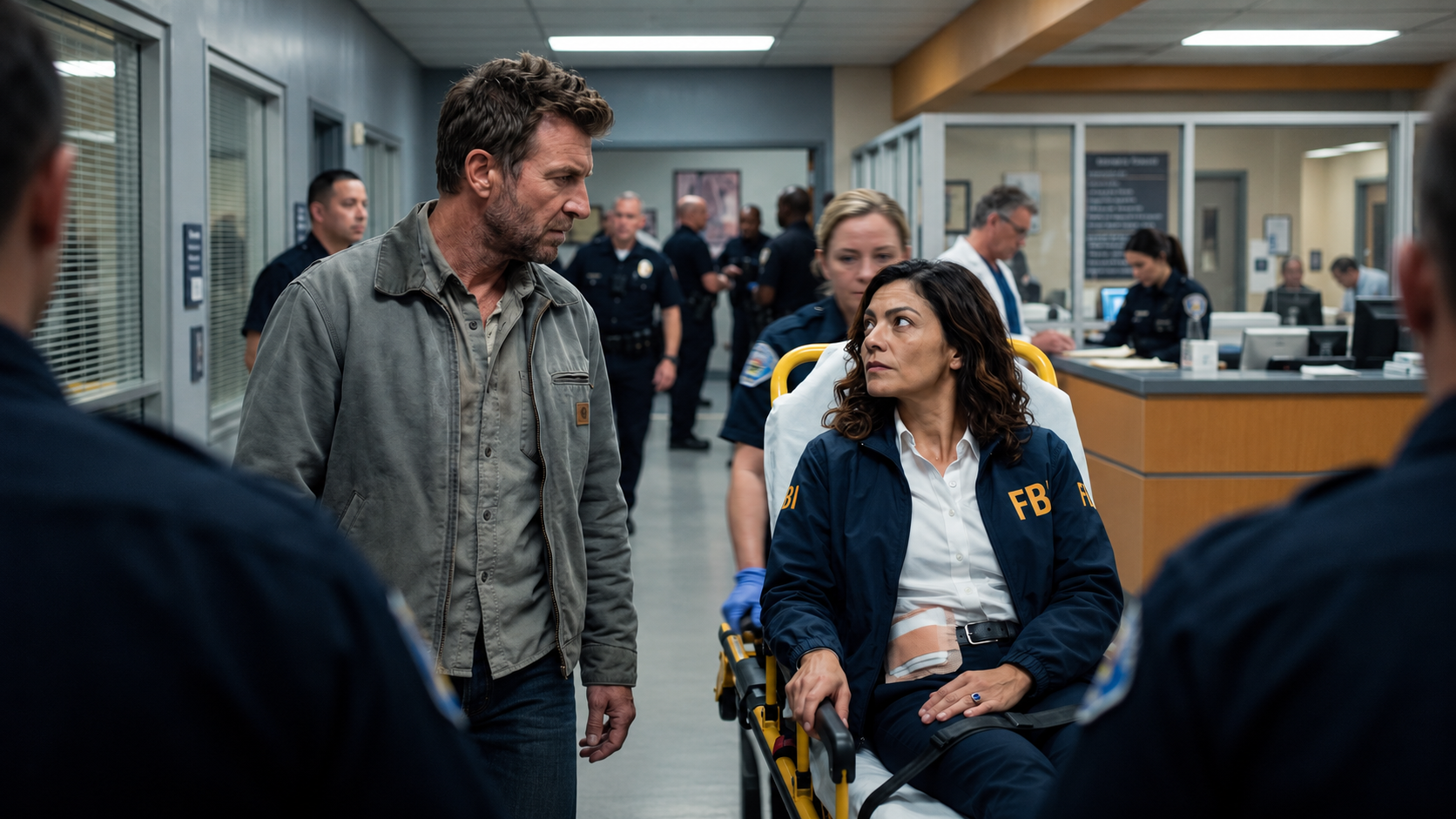 Mac Allen holding wounded FBI agent Maria Garcia’s hand as she is rushed through a Los Angeles police station