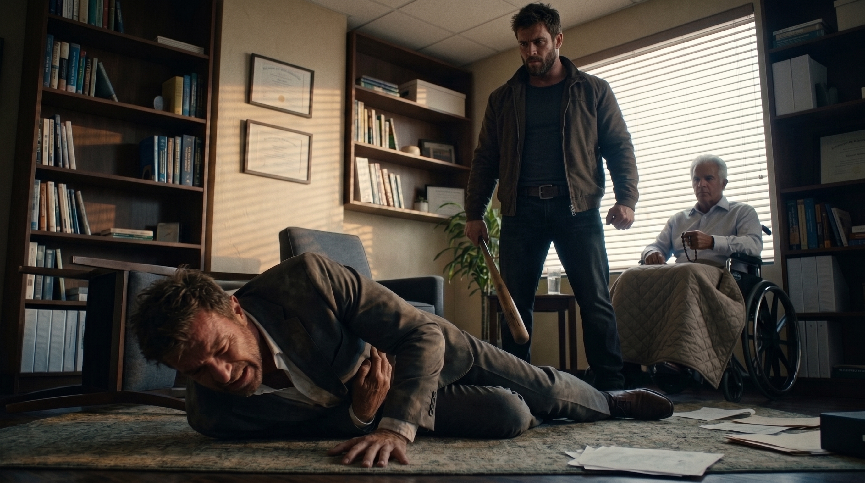 Mac Allen lies beaten and in pain on his office floor as Scarface stands over him with a baseball bat and Jimmy Flynn watches from his wheelchair