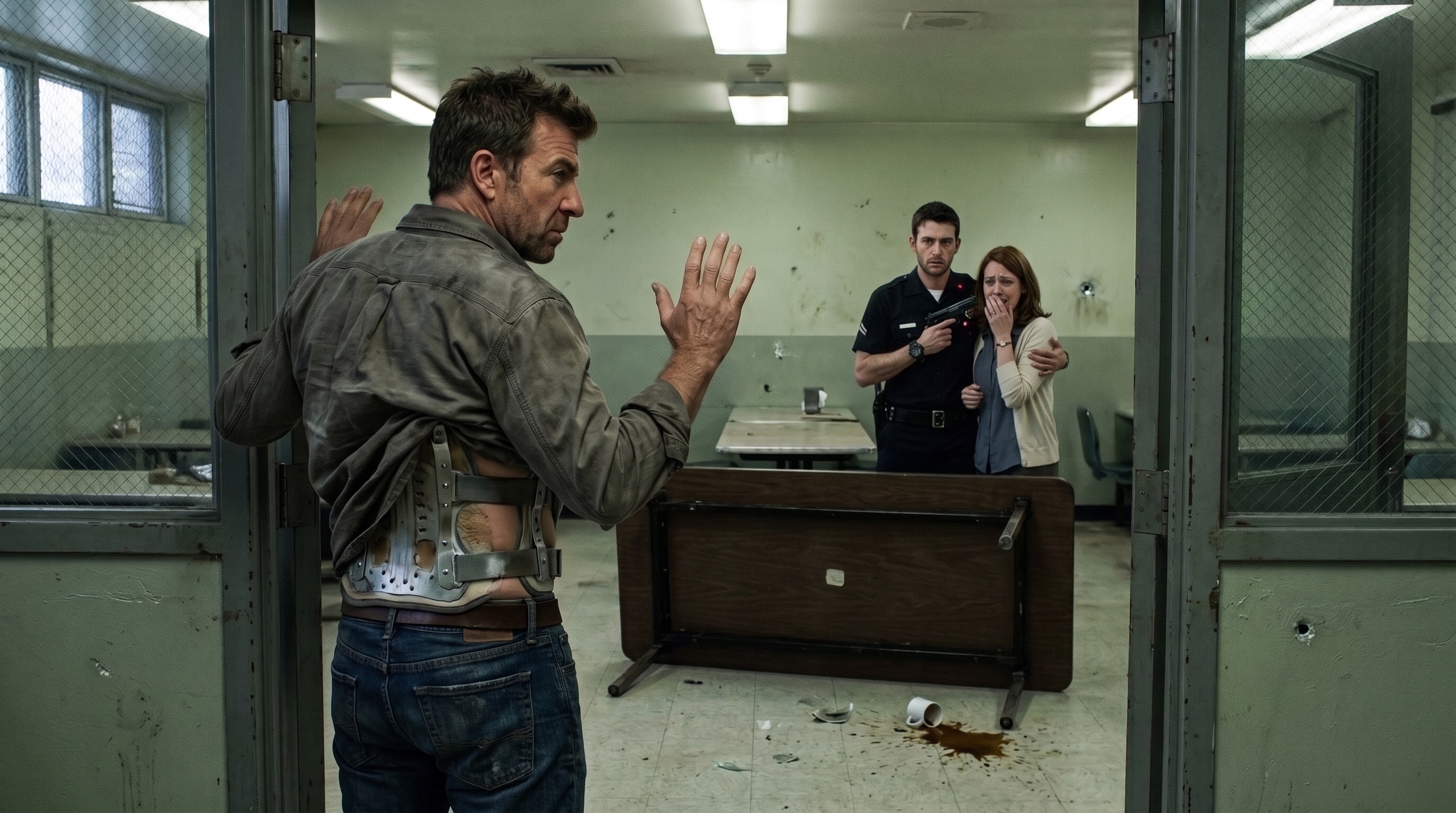 Mac Allen, wearing a back brace, faces Peter Buckley and Ellen Adamo through the cafeteria doorway