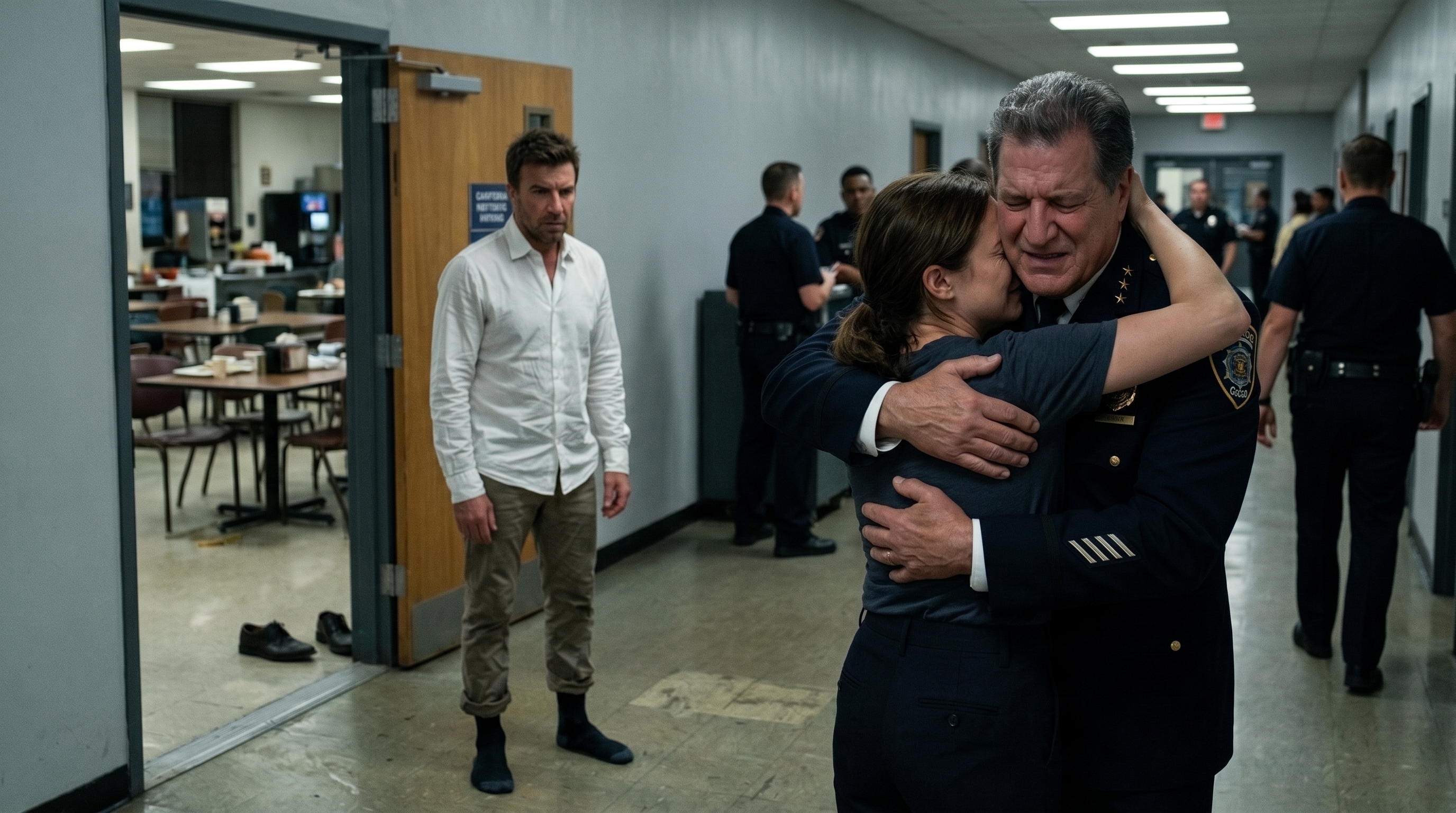 Ellen Adamo embracing her father Chief Frank Adamo after the hostage rescue as Mac Allen watches alone