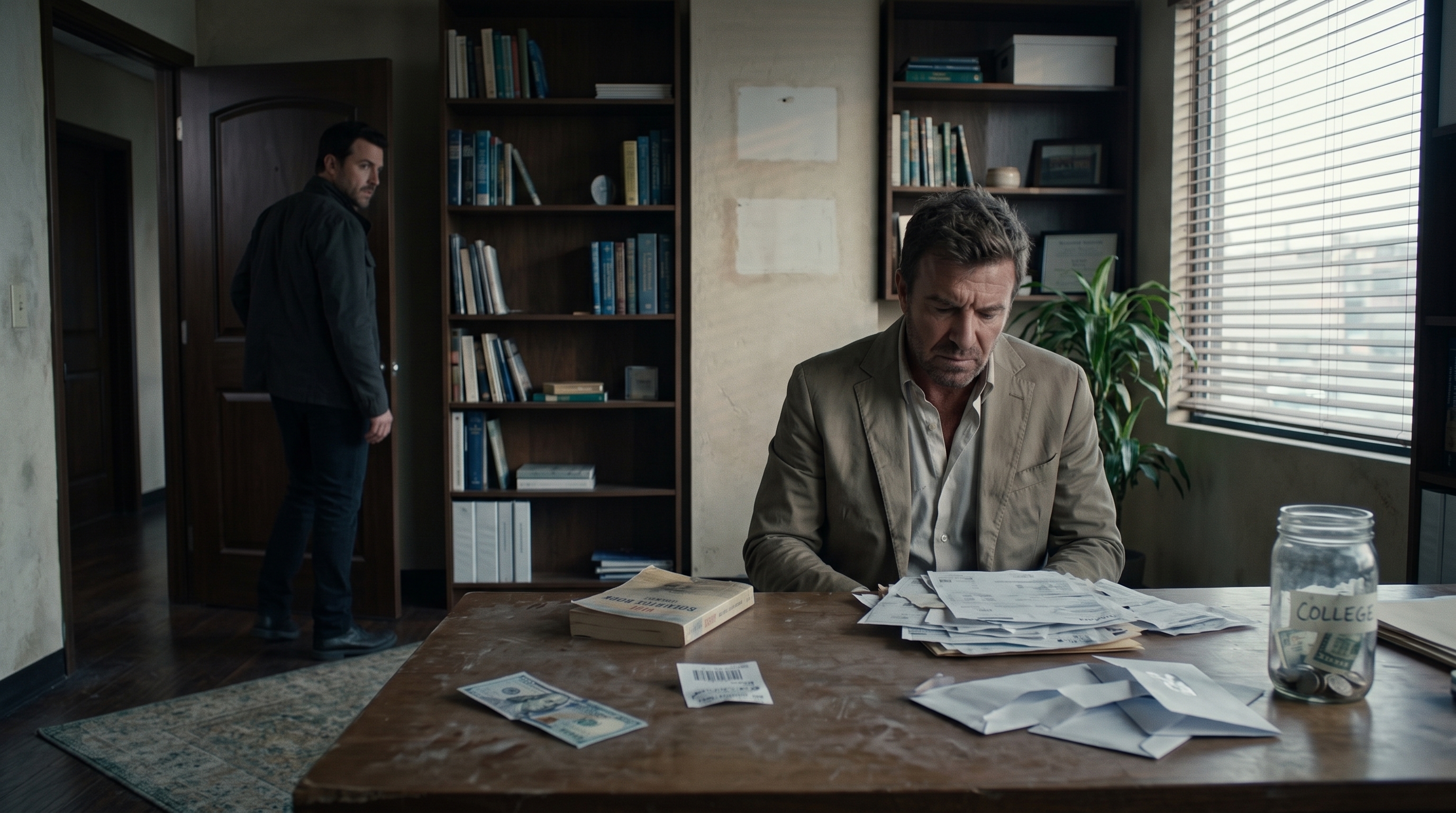 Mac Allen studying bills and Ruby’s nearly empty college fund as Flynn’s enforcer leaves his stripped office