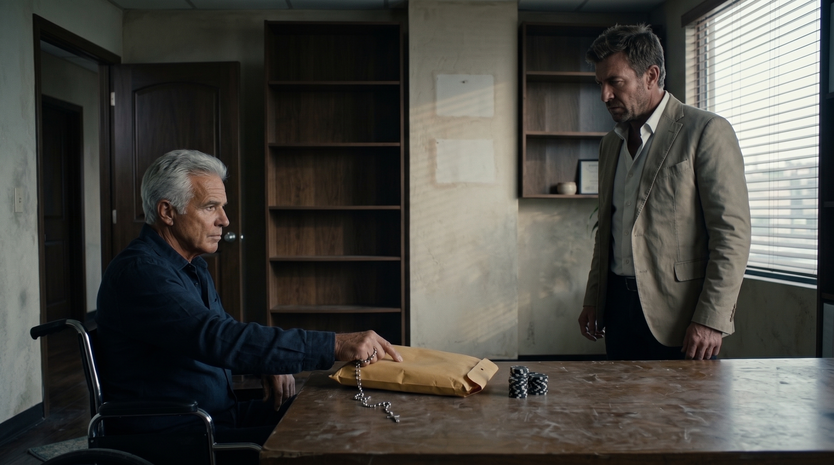 Jimmy Flynn indicating an envelope and black casino chips while Mac Allen faces him across the office