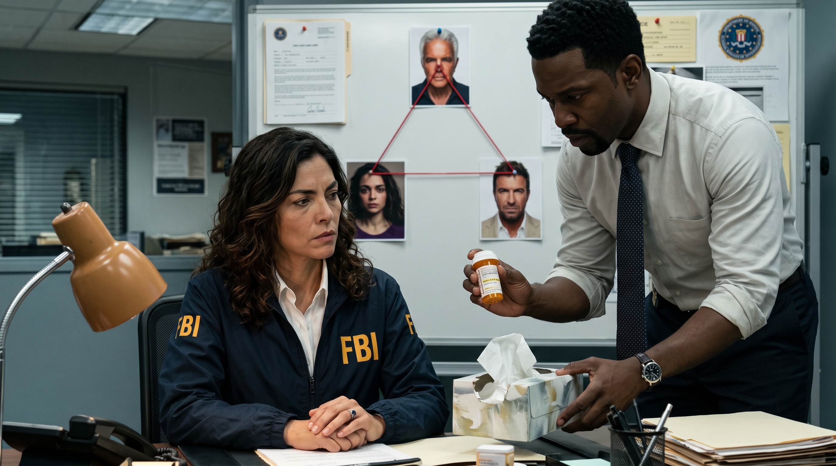 Agent Cox confronting Maria Garcia at her FBI desk with the pill bottle between them
