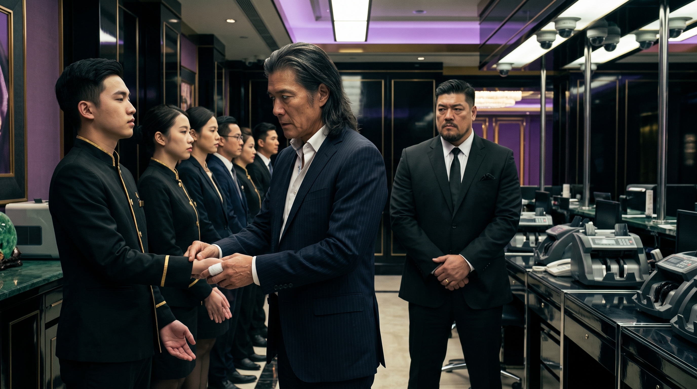 Ho Chan testing an employee’s pulse in the Queen’s Palace counting room