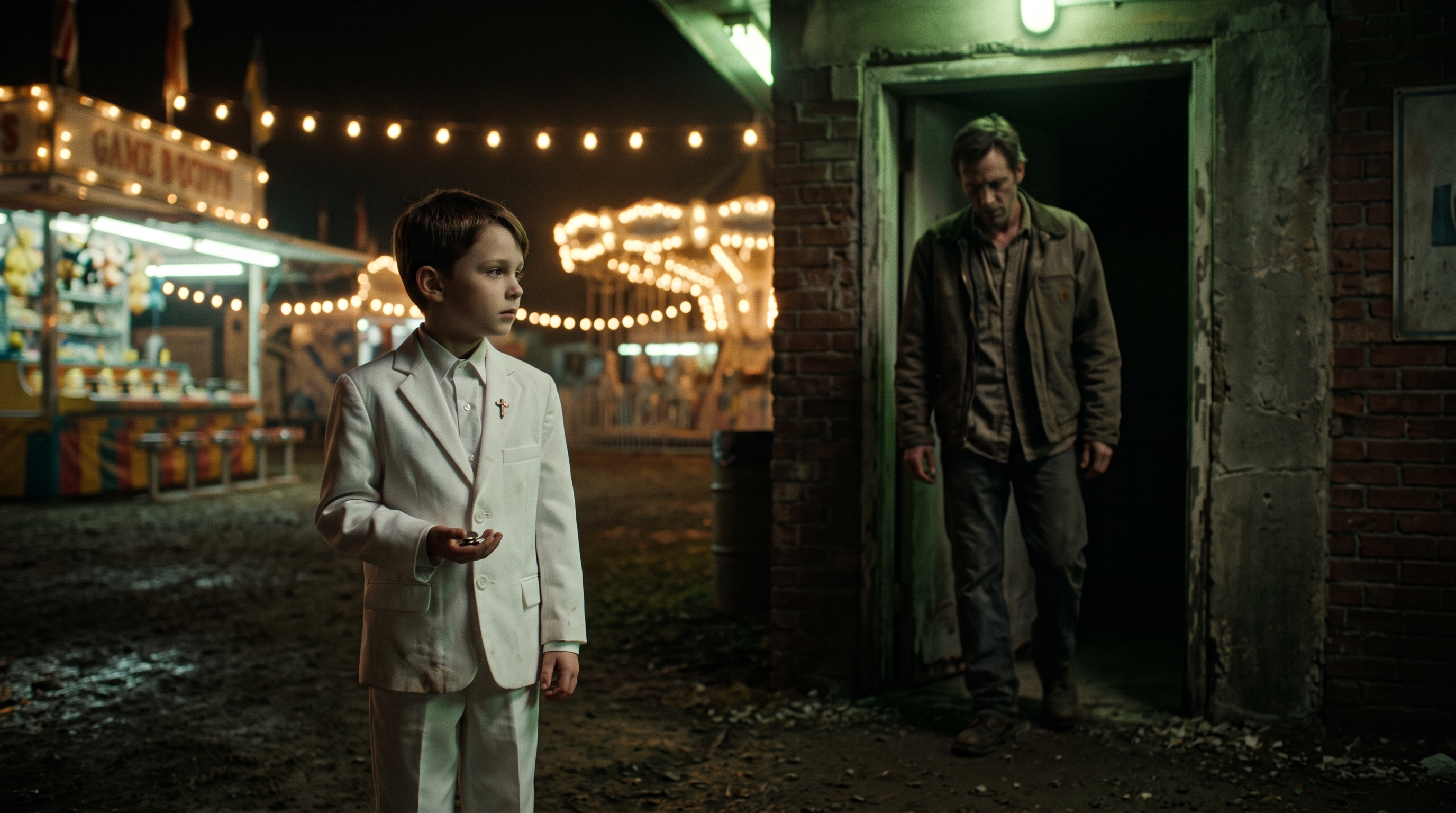 Eight-year-old Mac in his First Communion suit at a nighttime carnival as his father emerges from a dark doorway