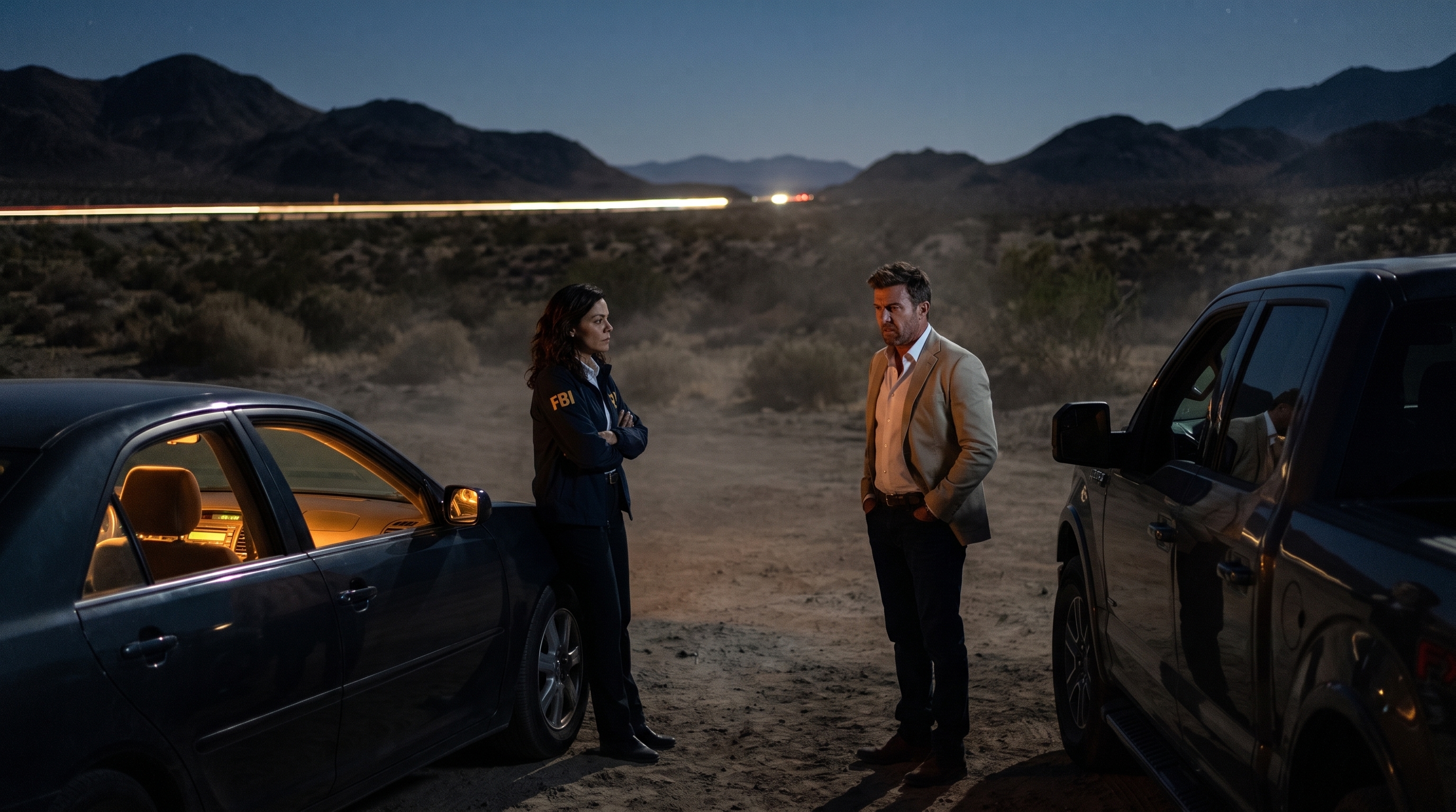 Mac and Maria meeting beneath the desert sky while a black SUV waits in the distance