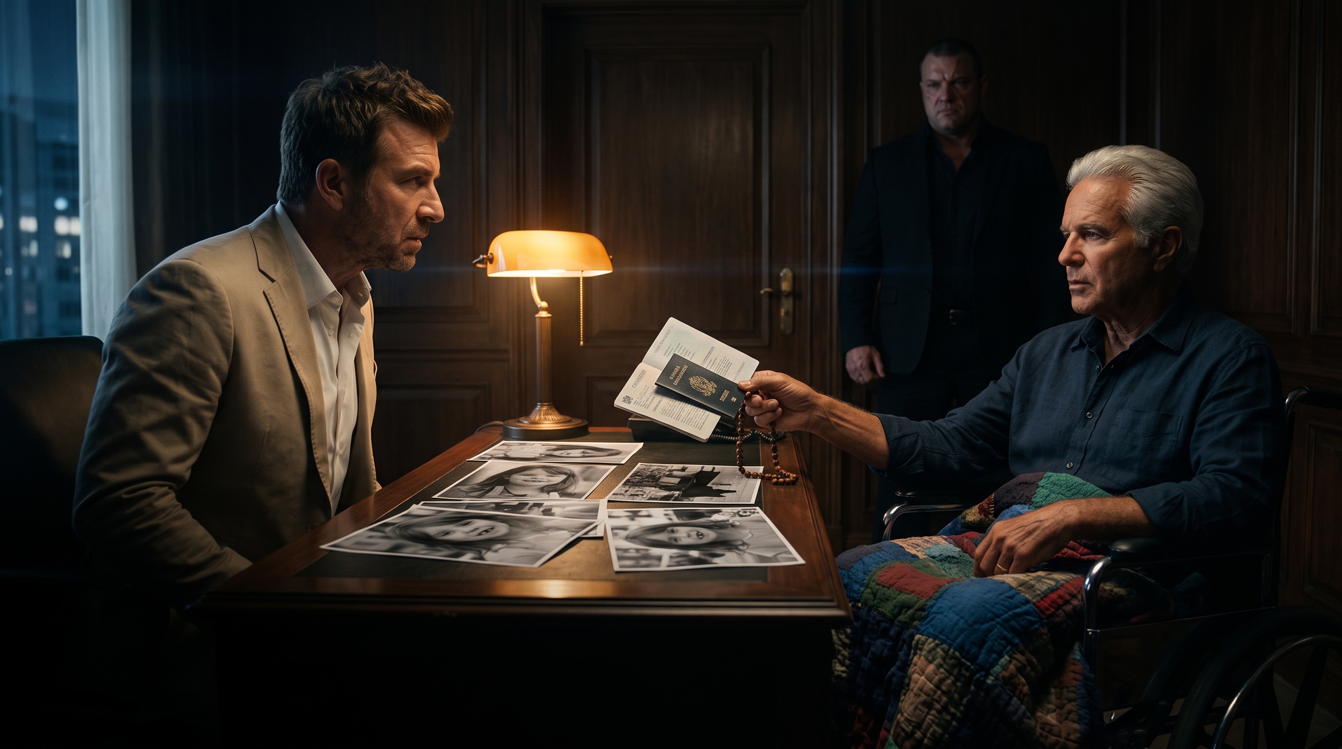 Jimmy Flynn offering Mac a passport and plane ticket across a dark office desk