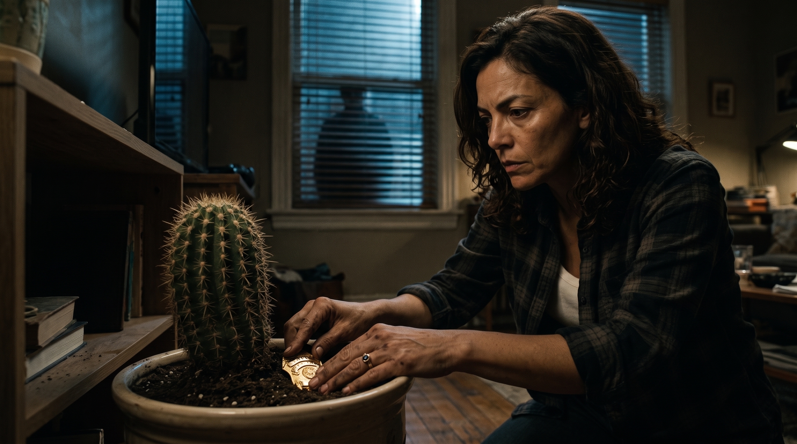Maria burying her FBI badge in the soil of a potted cactus