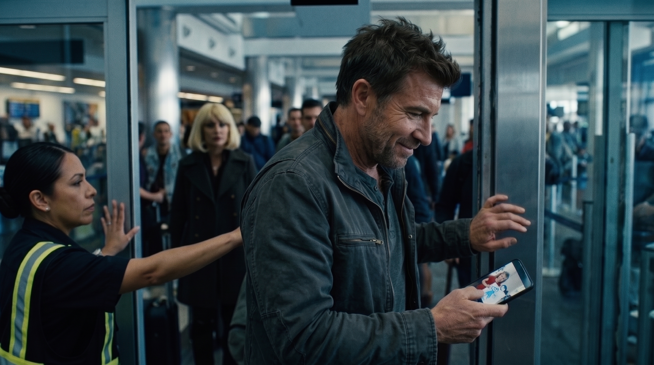 Mac hurrying through airport security while looking at Ruby on his phone