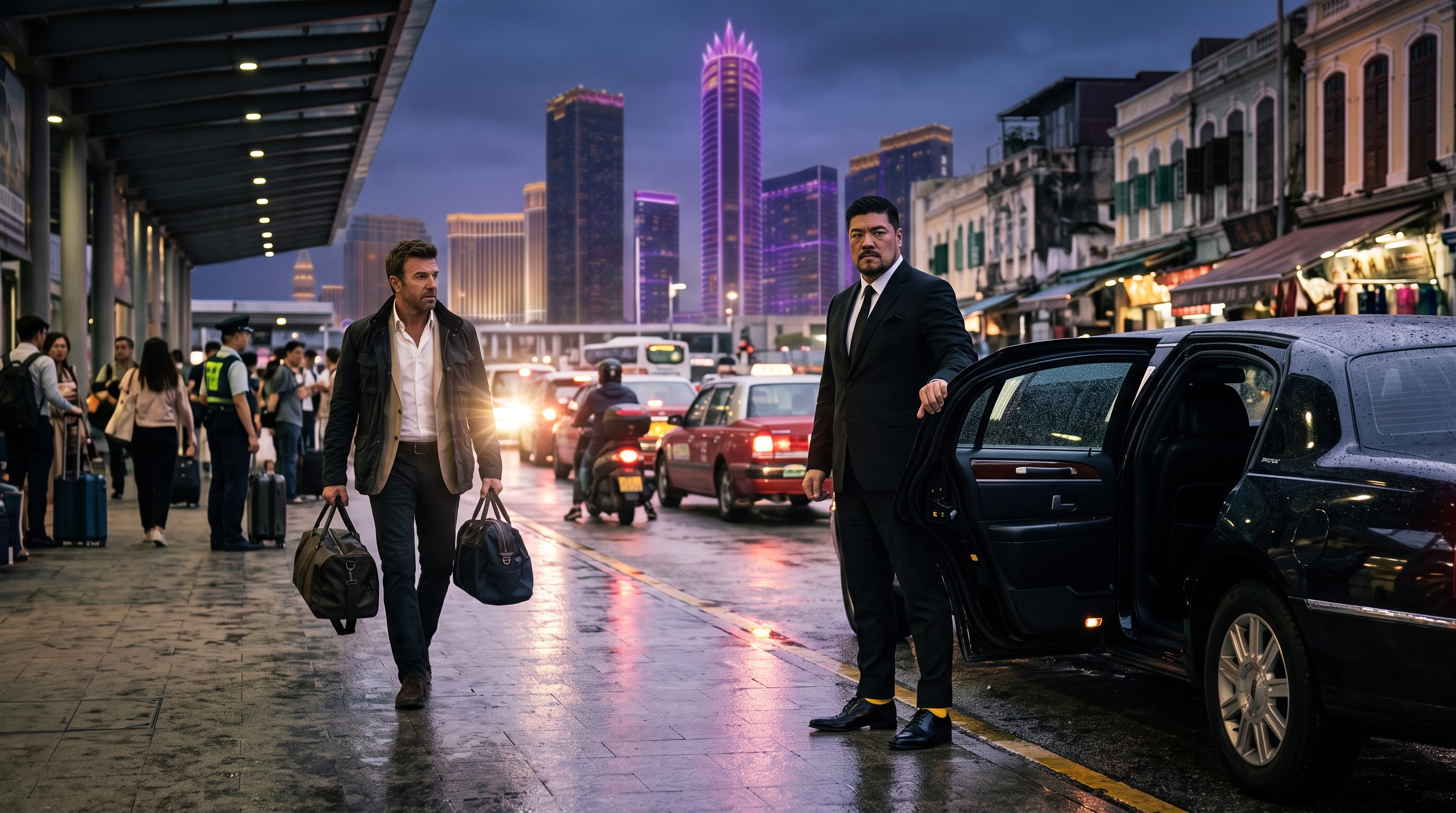 Mac arriving in rain-slicked Macau as Edwin Lee waits beside a black limousine
