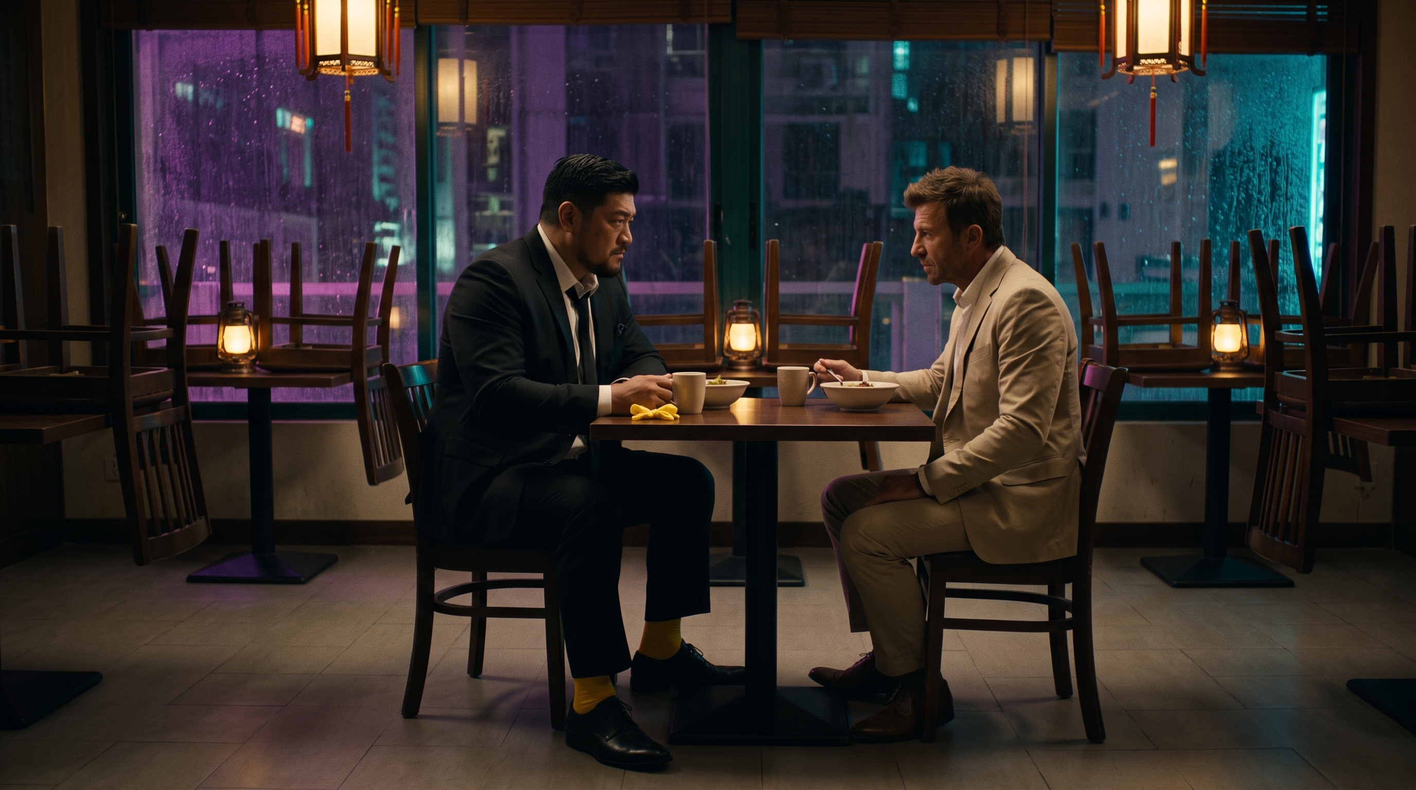 Mac and Edwin sharing a quiet late-night meal in the Blue Dragon restaurant