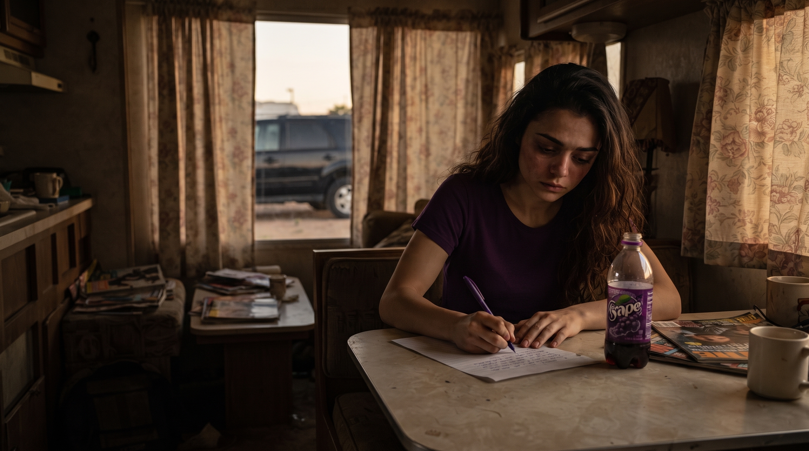 Tina Flynn writing inside the Arizona mobile home while a black SUV waits outside