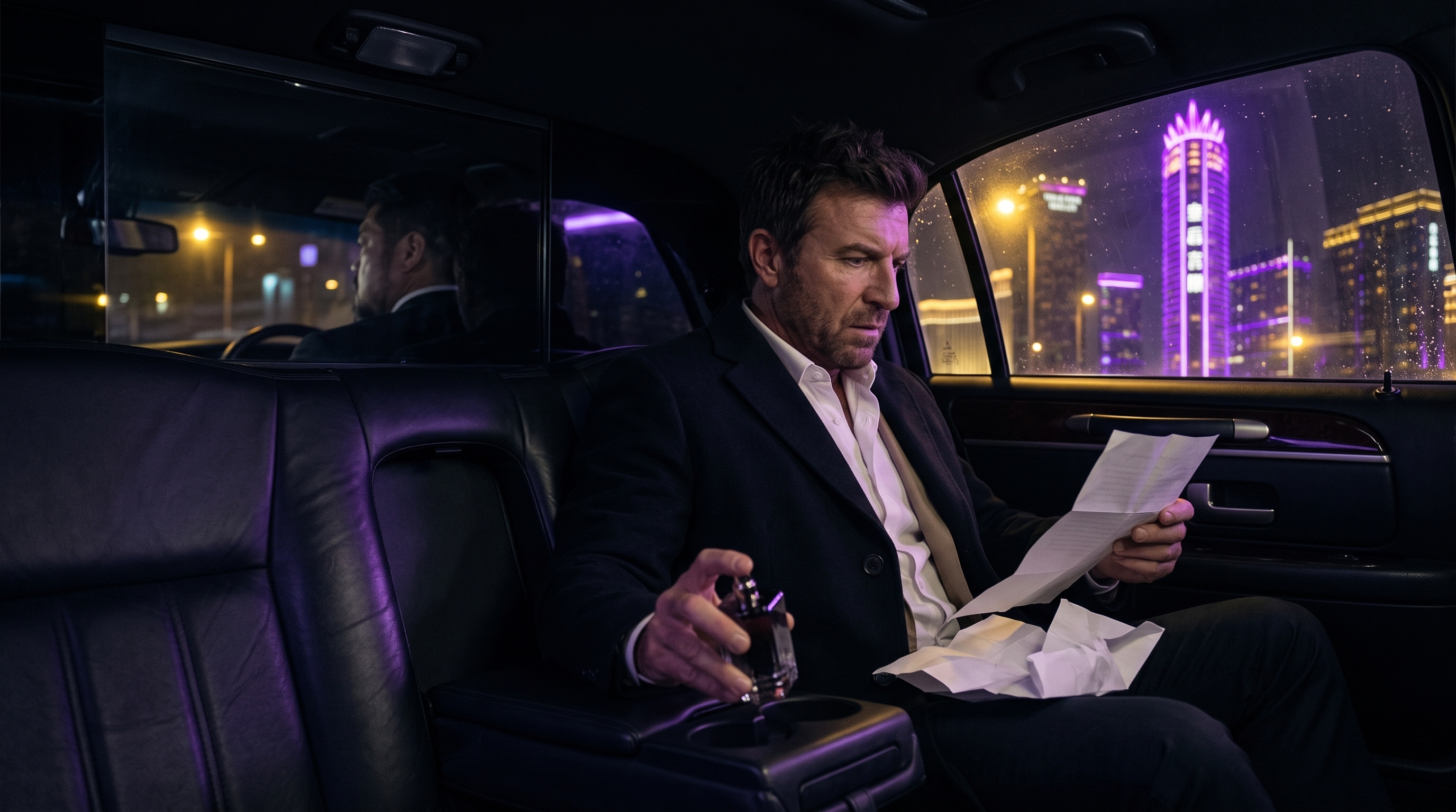 Mac reading Tina’s letter in the back of a limousine beneath the purple Macau skyline