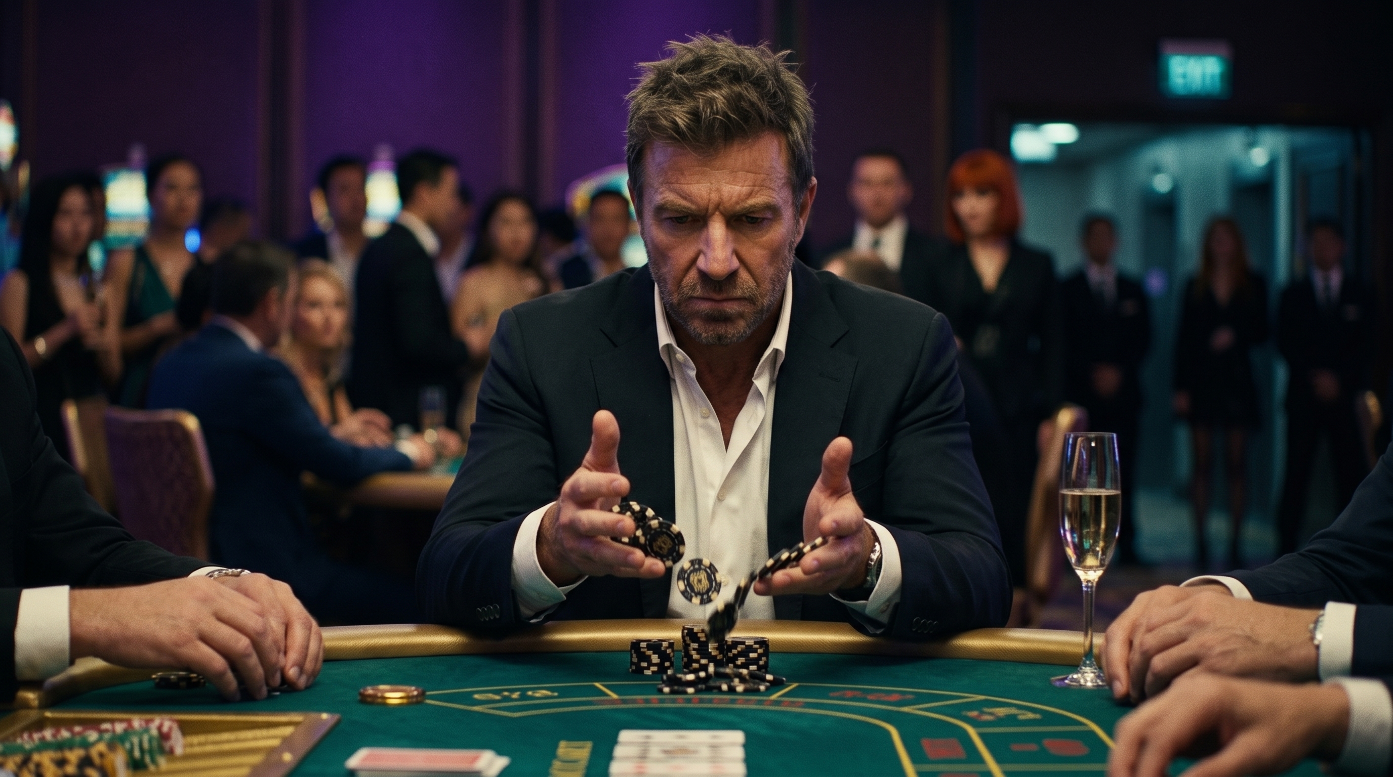 Black chips falling from Mac Allen’s open hands at the Queen’s Palace baccarat table