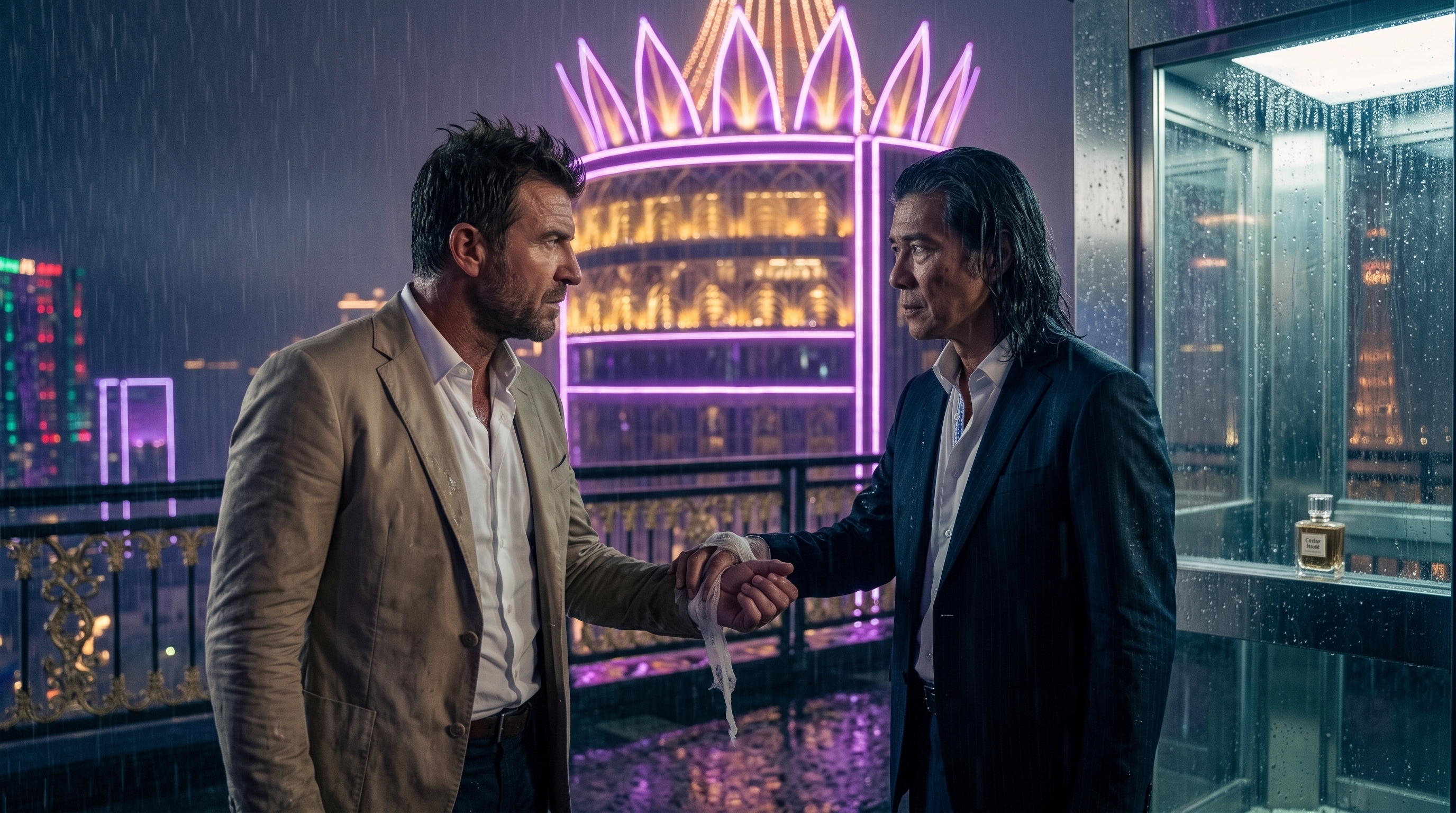 Mac and Ho Chan facing one another on the rain-soaked Queen’s Palace roof