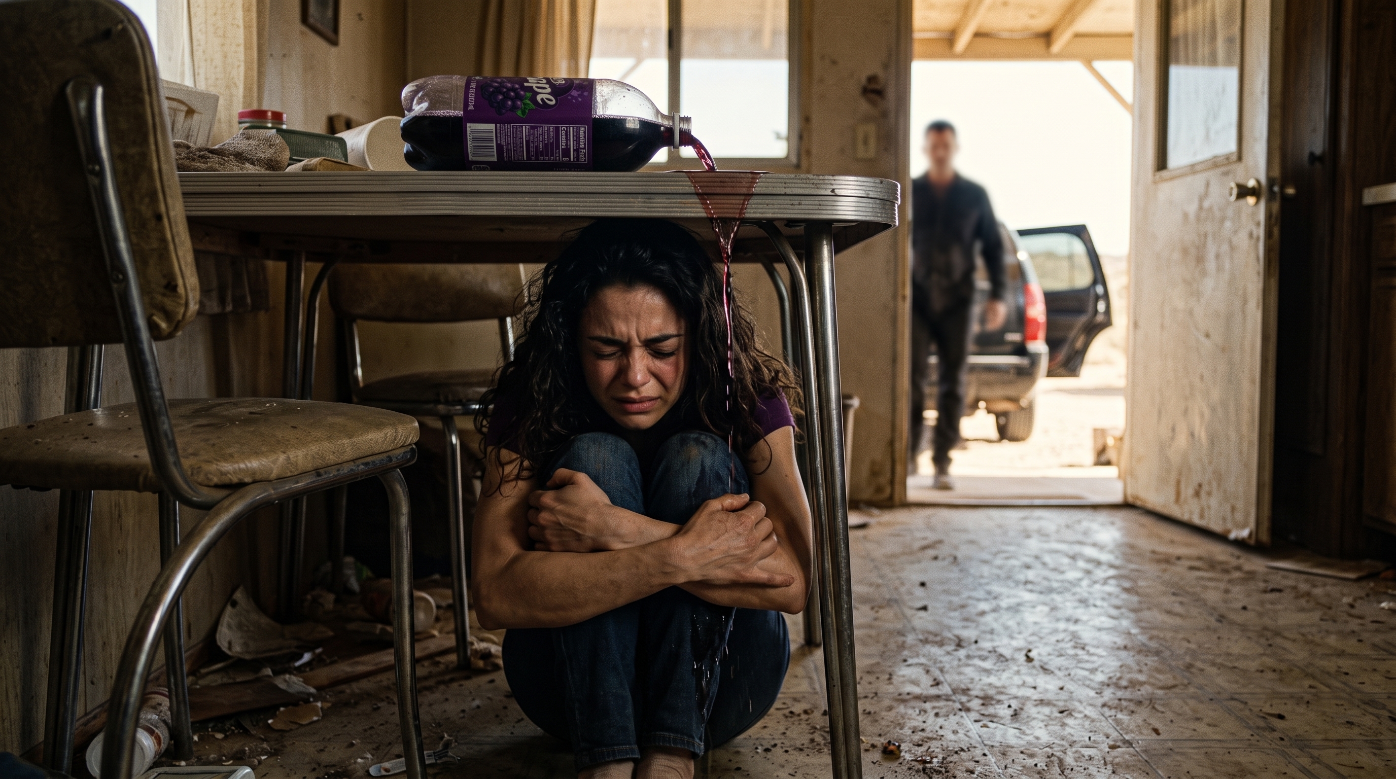 Tina hiding beneath a table as purple soda drips and an indistinct intruder enters the mobile home