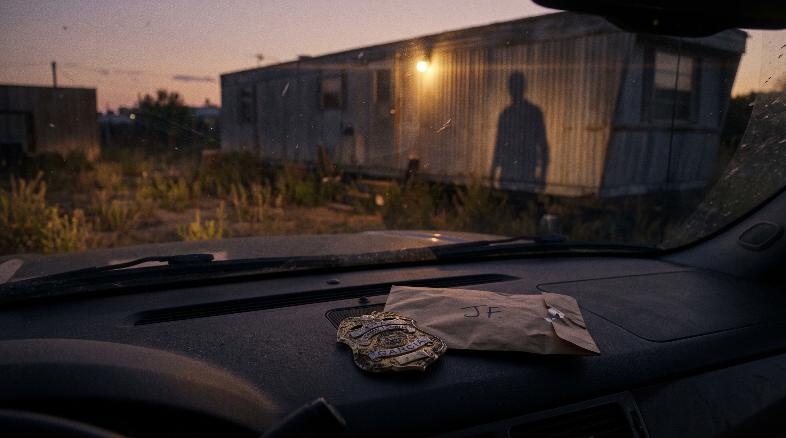 Maria’s dirt-covered FBI badge beside an envelope marked JF on an SUV dashboard